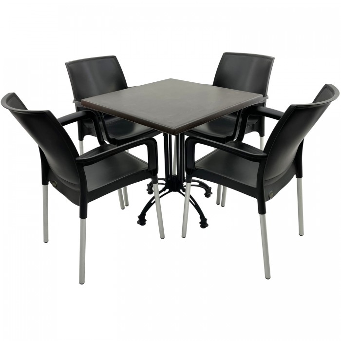 Set mobilier terasa RAKI, 4 scaune Sunset negre, masa patrata 70x70cm cu blat Werzalit New Wenge si baza aluminiu retro neagra