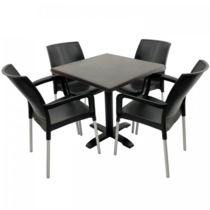 Set mobilier terasa RAKI, 4 scaune Sunset negre, masa patrata 80x80cm cu blat Werzalit New Wenge si picior din metal negru