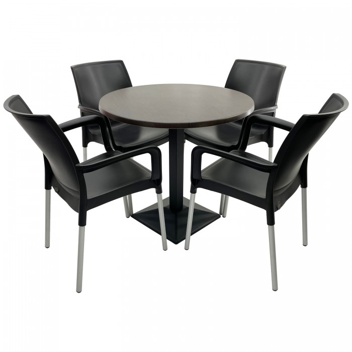 Set mobilier terasa RAKI, 4 scaune Sunset negre, masa rotunda D80cm cu blat Werzalit New Wenge si baza din metal neagra