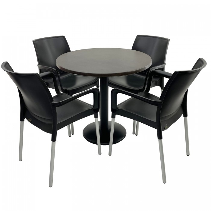Set mobilier terasa RAKI, 4 scaune Sunset negre, masa rotunda D80cm cu blat Werzalit New Wenge si baza metalica neagra