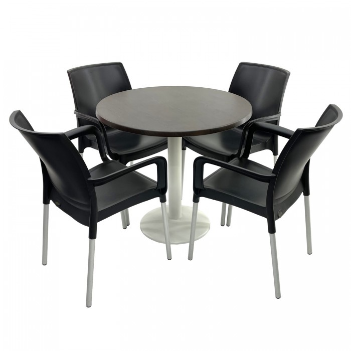 Set mobilier terasa RAKI, 4 scaune Sunset negre, masa rotunda D80cm cu blat Werzalit New Wenge si picior metalic alb