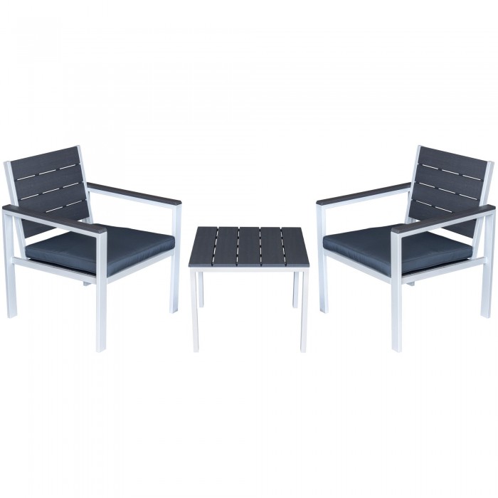 Set mobilier terasa RAKI PLASTIC WOOD, 2 scaune cu brate si perne + masa, plastic antracit si cadru metalic alb