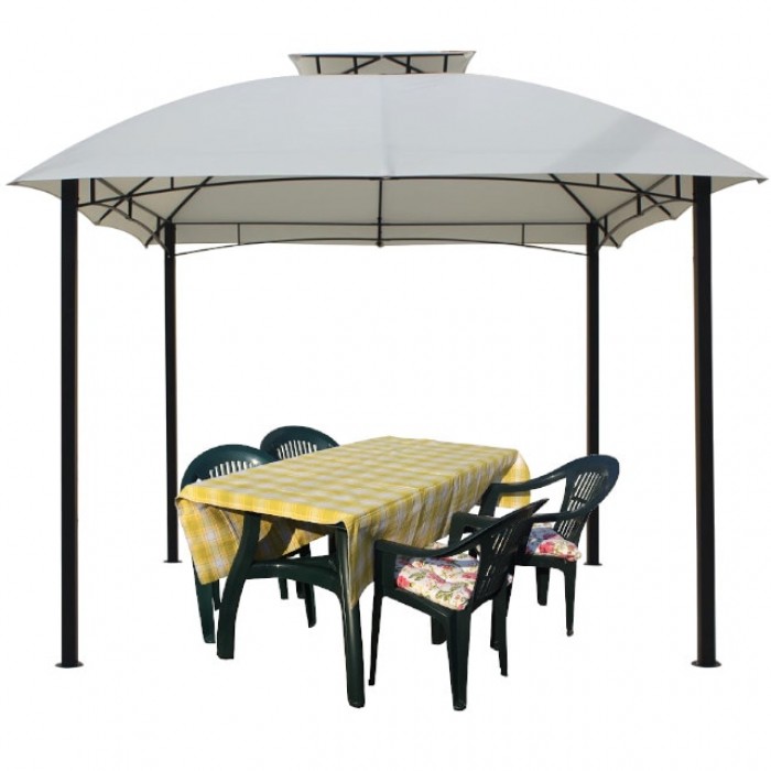 Set pavilion gradina 3x3m CULINARO cadru otel si acoperis bej, masa 140x80xh73cm cu 4 scaune 53x45xh78cm plastic verde, 4 perne scaun si fata de masa