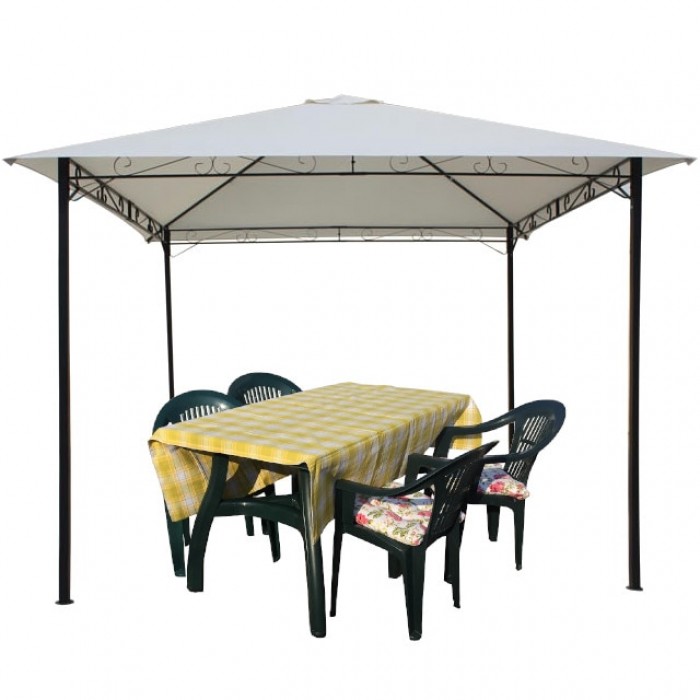Set pavilion gradina 3x3m CULINARO cadru otel si copertina bej, masa 140x80xh73cm cu 4 scaune 53x45xh78cm plastic verde, 4 perne scaun si fata de masa