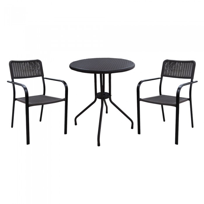 Set pentru balcon RAKI, masa aspect ratan D60xh74cm cu 2 scaune cu brate Campman 55,5x54xh80cm, maro, plastic/metal