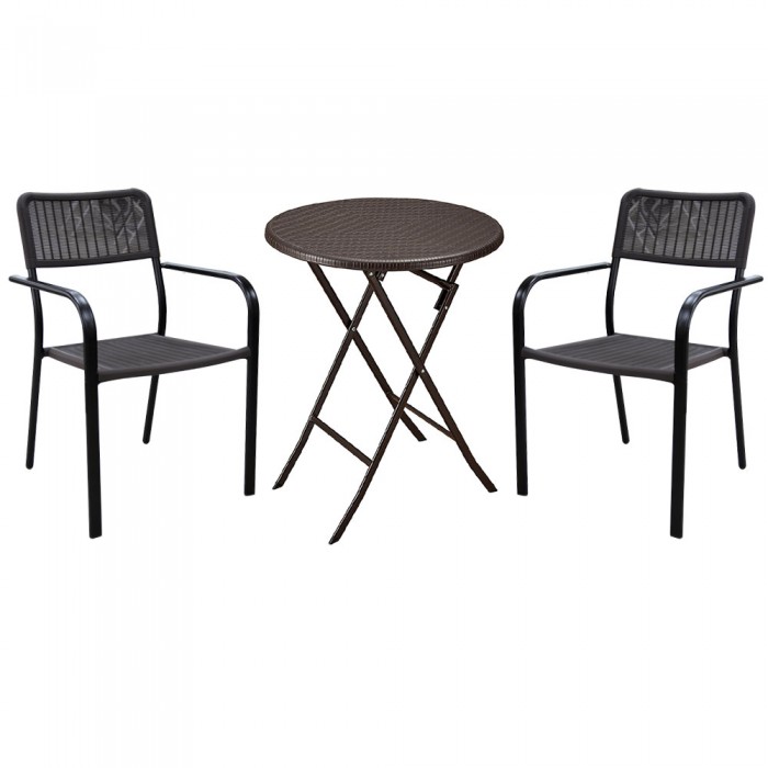 Set pentru balcon RAKI, masa pliabila aspect ratan D60xh74cm si 2 scaune cu brate Campman 55,5x54xh80cm, maro, plastic/metal