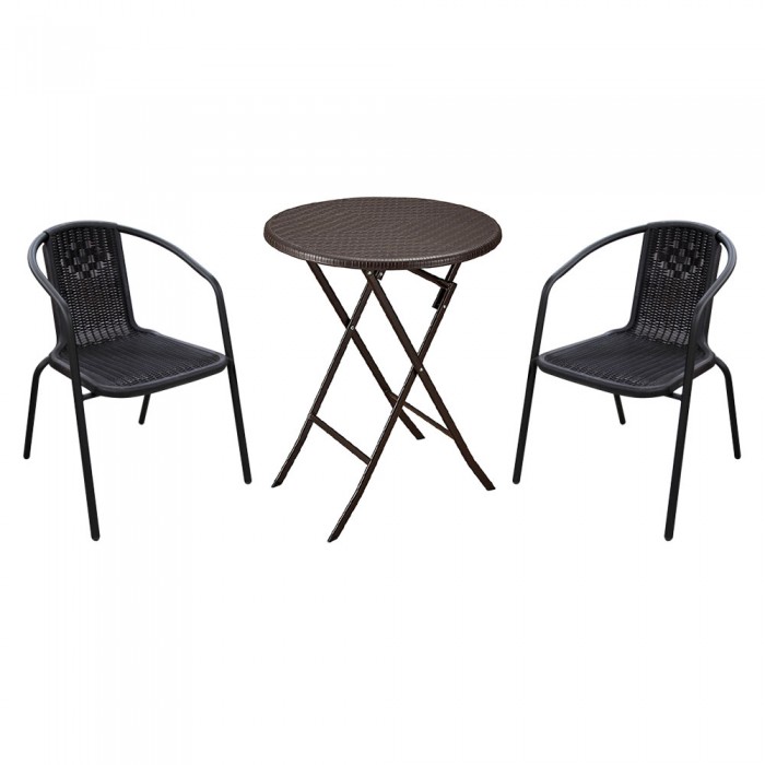 Set pentru balcon RAKI, masa pliabila D60xh74cm si 2 scaune Campman 54x59xh73cm, aspect ratan, maro, plastic/metal