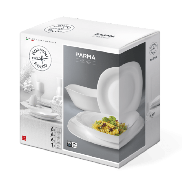 Set serviciu masa 19 piese din opal BORMIOLI PARMA, 18 farfurii si 1 bol salata
