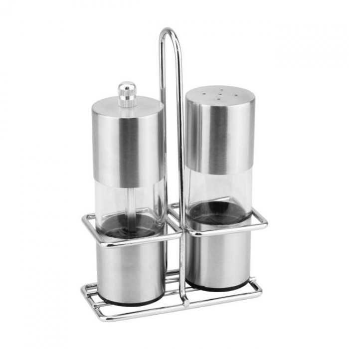 Set solnita si rasnita piper RAKI cu suport metalic cromat, din sticla/inox