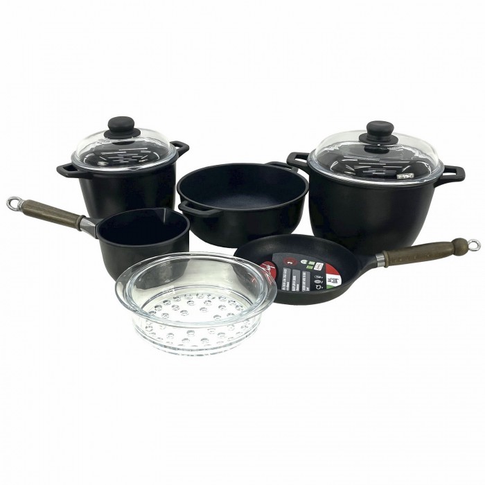 Set vase de gatit ANTIK ARS, aluminiu antiaderent, 2 oale 4lt/6lt cu capace, cratita, tigaie, ibric, cos gatit la aburi