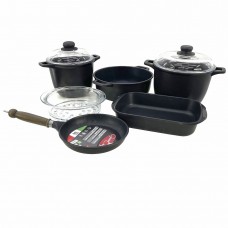 Set vase de gatit ANTIK ARS, aluminiu antiaderent, 2 oale 4lt/6lt cu capace, cratita, tigaie, tava copt, cos gatit la aburi