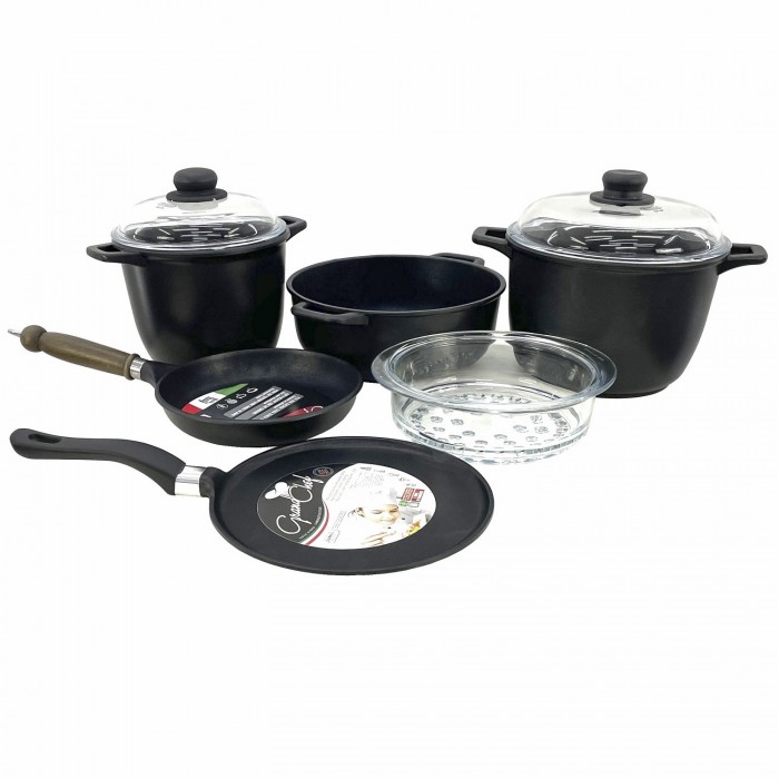 Set vase de gatit ANTIK ARS, aluminiu antiaderent, 2 oale 4lt/6lt cu capace, cratita, tigaie, tigaie clatite, cos gatit la aburi