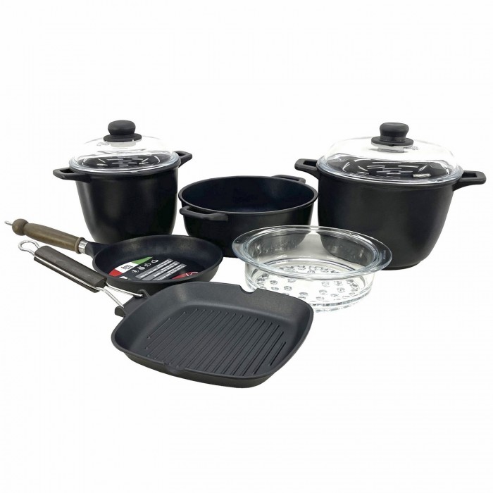 Set vase de gatit ANTIK ARS, aluminiu antiaderent, 2 oale 4lt/6lt cu capace, cratita, tigaie, tigaie grill, cos gatit la aburi