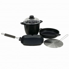 Set vase gatit 5 piese ANTIK ARS, aluminiu antiaderent, oala 4lt cu capac, cratita, tigaie grill, pad plita inductie