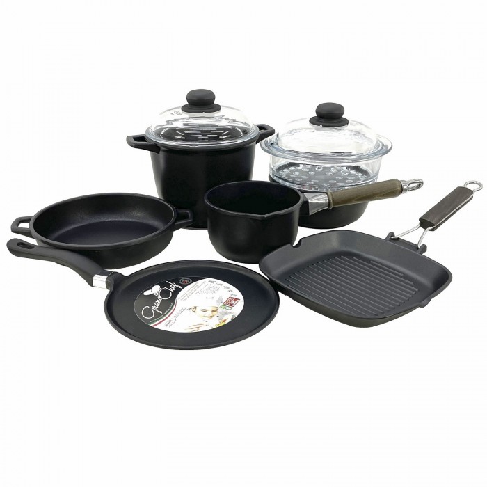 Set vase gatit 9 piese ANTIK ARS, antiaderente, oala cu capac, cratita, tigaie grill, tigaie clatite, ibric, oala gatit cu aburi