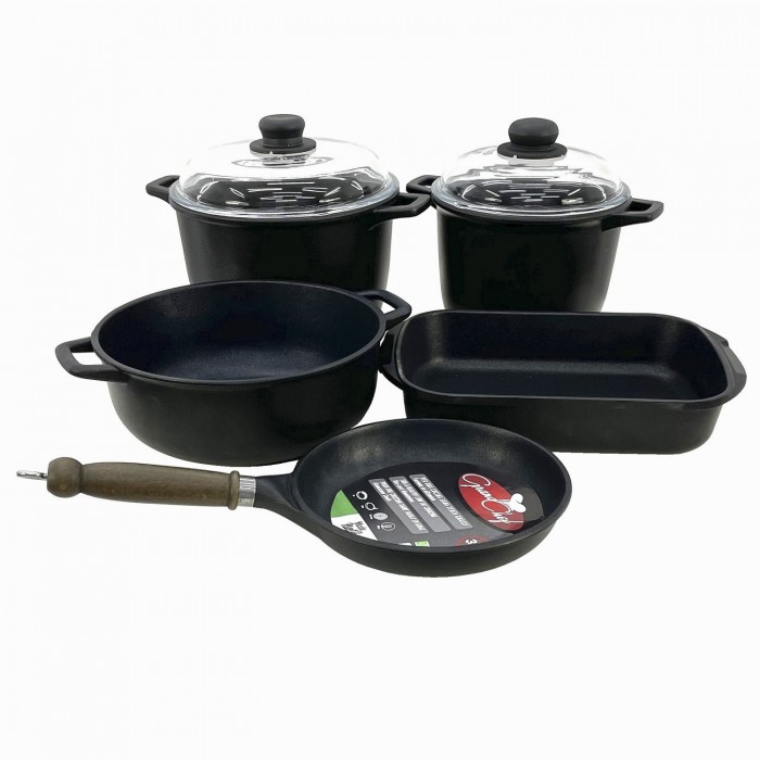 Set vase gatit ANTIK ARS, aluminiu antiaderent, 2 oale 4lt/6lt cu capace, cratita 26x10,5cm, tigaie 22cm, tava copt 35x25xh7cm