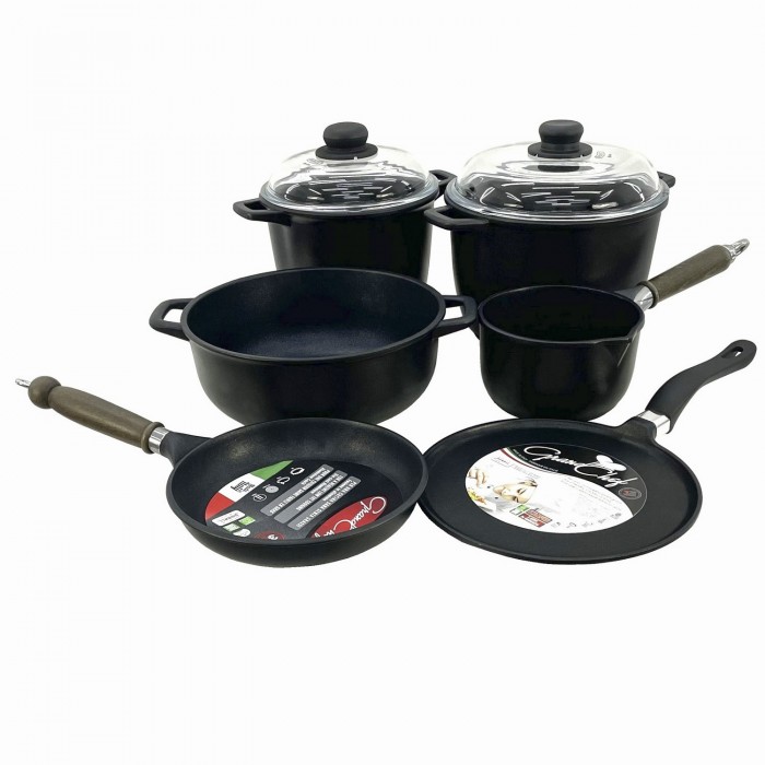 Set vase gatit ANTIK ARS, aluminiu antiaderent, 2 oale 4lt/6lt cu capace, cratita, tigaie, tigaie clatite, ibric