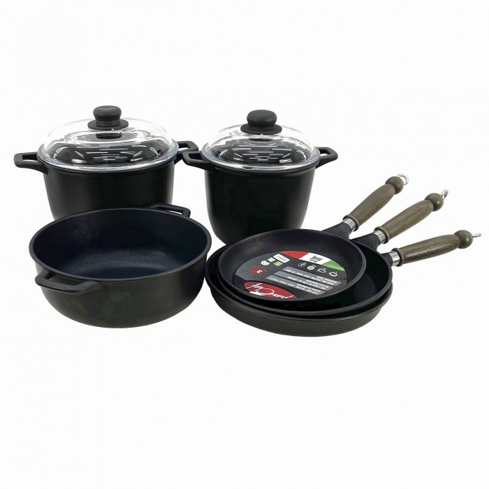 Set vase gatit ANTIK ARS, aluminiu, strat antiaderent, 2 oale 4lt/6lt cu capace, cratita 26x10,5cm, tigaie 22cm/24cm/26cm