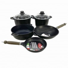 Set vase gatit ANTIK ARS, aluminiu, strat antiaderent, 2 oale 4lt/6lt cu capace, cratita 26x10,5cm, tigaie 22cm, tigaie Wok 32cm