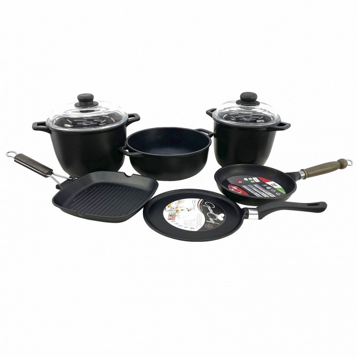 Set vase gatit ANTIK ARS, aluminiu, strat antiaderent, 2 oale 4lt/6lt cu capace, cratita, tigaie, tigaie clatite, tigaie grill