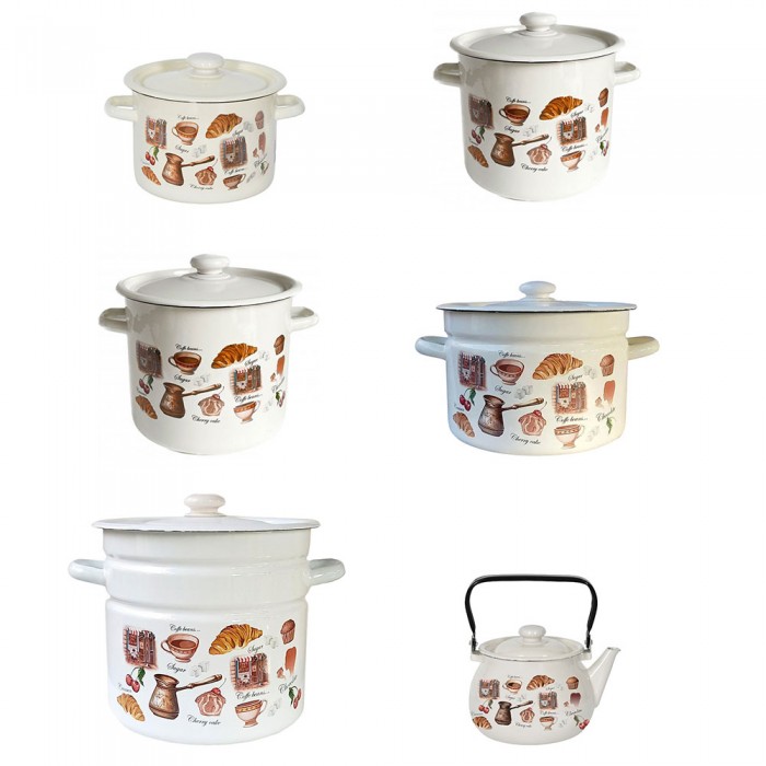 Set vase gatit emailate RAKI Cafe de Cherie, 5 oale cu capace 4,5l, 5,5l, 7l, 9l, 12l si ceainic 2,5l