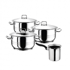 Set vase gatit inductie 7 piese inox HASCEVHER GASTRO, 3 oale 3l+4l+6l cu capace si fund triplu stratificat, ibric 500ml