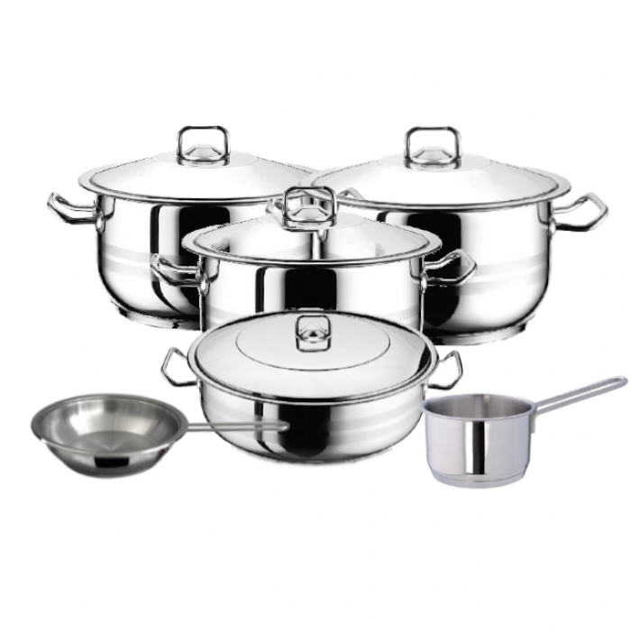 Set vase gatit inductie HASCEVHER GASTRO, 10 piese inox, 3 oale 3l+6l+10,5l cu capace, cratita 8,5l cu capac, cratita cu coada 2l, tigaie 20x4cm, fund triplu stratificat