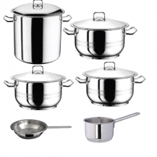 Set vase gatit inductie HASCEVHER GASTRO, 10 piese inox, 4 oale 3l+4l+6l+8,5l cu capace, tigaie 20x4cm, cratita cu coada 16cm 2l, fund triplu stratificat