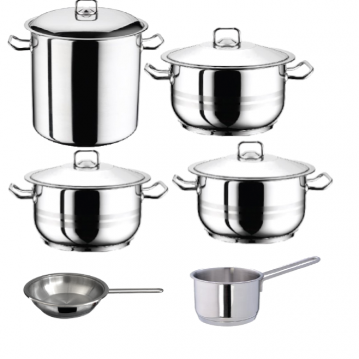 Set vase gatit inductie HASCEVHER GASTRO, 10 piese inox, 4 oale 3l+4l+6l+8,5l cu capace, tigaie 20x4cm, cratita cu coada 16cm 2l, fund triplu stratificat