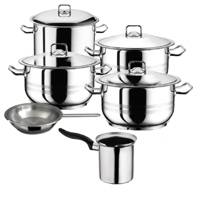 Set vase gatit inductie HASCEVHER GASTRO, 10 piese inox, 4 oale 3l+4l+6l+8,5l cu capace, tigaie 20x4cm, ibric 500ml