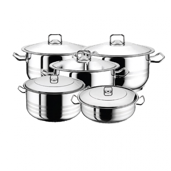 Set vase gatit inductie HASCEVHER GASTRO, 10 piese inox, 4 oale 3l+6l+10,5l+16,5l si cratita 8,5l cu capace, fund triplu stratificat