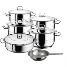 Set vase gatit inductie HASCEVHER GASTRO, 11 piese inox, 4 oale 3l+4l+6l+8l cu capace, cratita 8,5l cu capac, tigaie 20x4cm, fund triplu stratificat