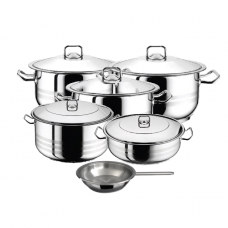 Set vase gatit inductie HASCEVHER GASTRO, 11 piese inox, 4 oale 3l+6l+10,5l+16,5l cu capace, cratita 8,5l cu capac, tigaie 20x4cm, fund triplu stratificat