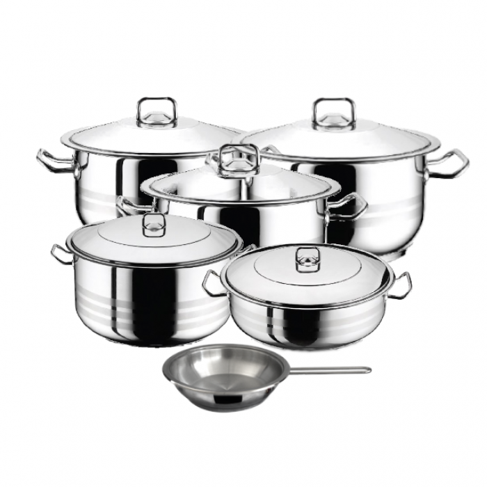 Set vase gatit inductie HASCEVHER GASTRO, 11 piese inox, 4 oale 3l+6l+10,5l+16,5l cu capace, cratita 8,5l cu capac, tigaie 20x4cm, fund triplu stratificat