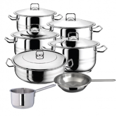 Set vase gatit inductie HASCEVHER GASTRO, 12 piese inox, 4 oale 3l+4l+6l+8l cu capace, cratita 8,5l cu capac, cratita cu coada 2l, tigaie 20x4cm, fund triplu stratificat
