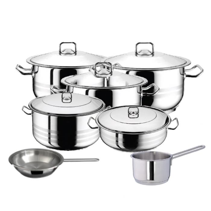 Set vase gatit inductie HASCEVHER GASTRO, 12 piese inox, 4 oale 3l+6l+10,5l+16,5l cu capace, cratita 8,5l cu capac, cratita cu coada 2l, tigaie 20x4cm, fund triplu stratificat