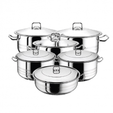 Set vase gatit inductie HASCEVHER GASTRO, 12 piese inox, 5 oale 3l+6l+10,5l+16,5l+23,5l si cratita 8,5l cu capace, fund triplu stratificat