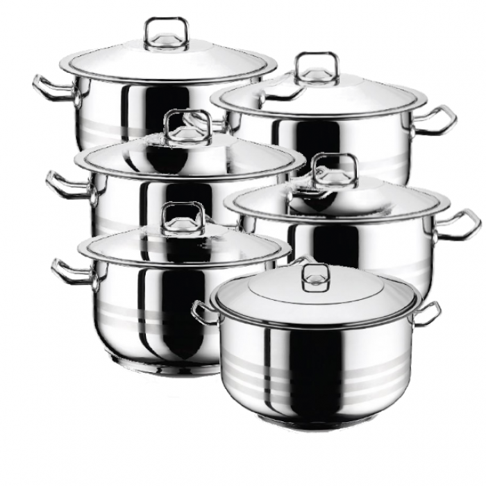Set vase gatit inductie HASCEVHER GASTRO, 12 piese inox, 6 oale 3l+4l+6l+8l+10,5l+13l cu capace si fund triplu stratificat