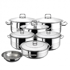 Set vase gatit inductie HASCEVHER GASTRO, 13 piese inox, 5 oale 3l+6l+10,5l+16,5l+23,5l cu capace, cratita 8,5l cu capac, tigaie 20x4cm, fund triplu stratificat