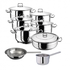 Set vase gatit inductie HASCEVHER GASTRO, 14 piese inox, 5 oale 3l+4l+6l+8l+10,5l cu capace, cratita 8,5l cu capac, cratita cu coada 2l, tigaie 20x4cm, fund triplu stratificat