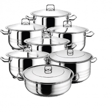 Set vase gatit inductie HASCEVHER GASTRO, 14 piese inox, 6 oale 3l+4l+6l+8l+10,5l+13l si cratita 8,5l cu capace, fund triplu stratificat