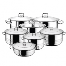 Set vase gatit inductie HASCEVHER GASTRO, 14 piese inox, 6 oale 3l+6l+10,5l+16,5l+23,5l+30l si cratita 8,5l cu capace, fund triplu stratificat