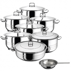 Set vase gatit inductie HASCEVHER GASTRO, 15 piese inox, 6 oale 3l+4l+6l+8l+10,5l+13l cu capace, cratita 8,5l cu capac, tigaie 20x4cm, fund triplu stratificat