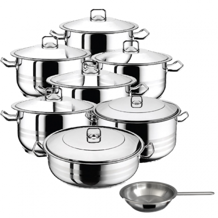 Set vase gatit inductie HASCEVHER GASTRO, 15 piese inox, 6 oale 3l+4l+6l+8l+10,5l+13l cu capace, cratita 8,5l cu capac, tigaie 20x4cm, fund triplu stratificat