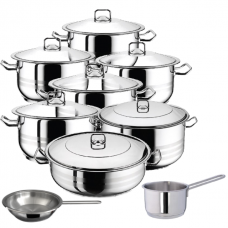 Set vase gatit inductie HASCEVHER GASTRO, 16 piese inox, 6 oale 3l+4l+6l+8l+10,5l+13l cu capace, cratita 8,5l cu capac, cratita cu coada 2l, tigaie 20x4cm, fund triplu stratificat