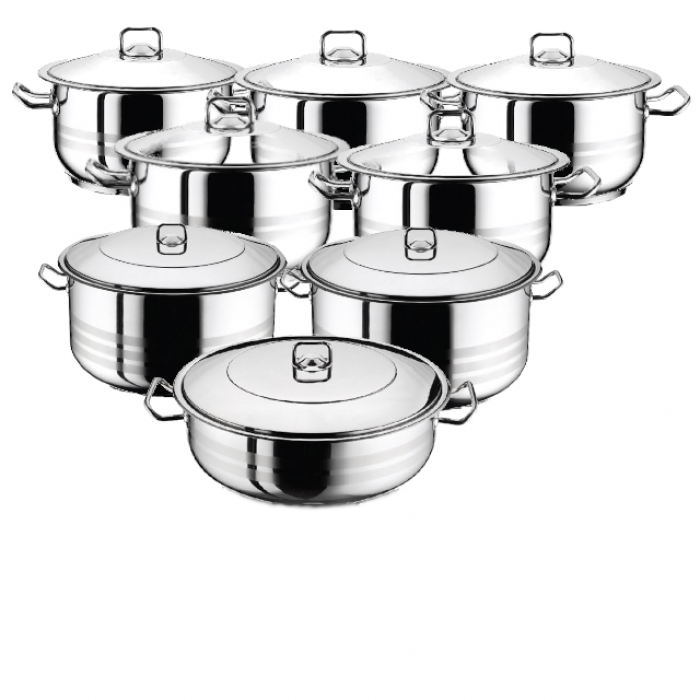 Set vase gatit inductie HASCEVHER GASTRO, 16 piese inox, 7 oale 3l+4l+6l+8l+10,5l+13l+16,5l si cratita 8,5l cu capace, fund triplu stratificat