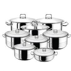 Set vase gatit inductie HASCEVHER GASTRO, 16 piese inox, 7 oale 3l+6l+10,5l+16,5l+23,5l+30l+54l si cratita 8,5l cu capace, fund triplu stratificat
