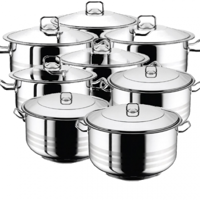 Set vase gatit inductie HASCEVHER GASTRO, 16 piese inox, 8 oale 3l+4l+6l+8l+10,5l+13l+16,5l+20l cu capace si fund triplu stratificat