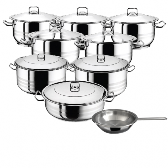 Set vase gatit inductie HASCEVHER GASTRO, 17 piese inox, 7 oale 3l+4l+6l+8l+10,5l+13l+16,5l cu capace, cratita 8,5l cu capac, tigaie 20x4cm, fund triplu stratificat