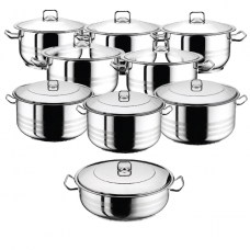 Set vase gatit inductie HASCEVHER GASTRO, 18 piese inox, 8 oale 3l+4l+6l+8l+10,5l+13l+16,5l+20l si cratita 8,5l cu capace, fund triplu stratificat